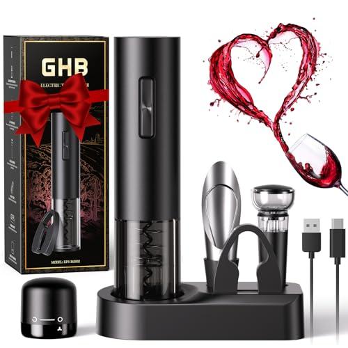 GHB Cavatappi Elettrico per Vino 8 in 1 Apribottiglie Elettrico Ricaricabile con Base,Tagliacarte,Versatore,Tappo di Tenuta,Tappo per Vuoto Regalo Natale per Uomo,Papà e Amanti del vino