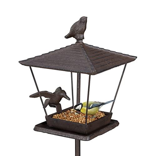 Relaxdays Mangiatoia per Uccelli Selvatici, Casetta con Palo da Piantare, in Ghisa, HLP 115x15x16 cm, Giardino, Marrone