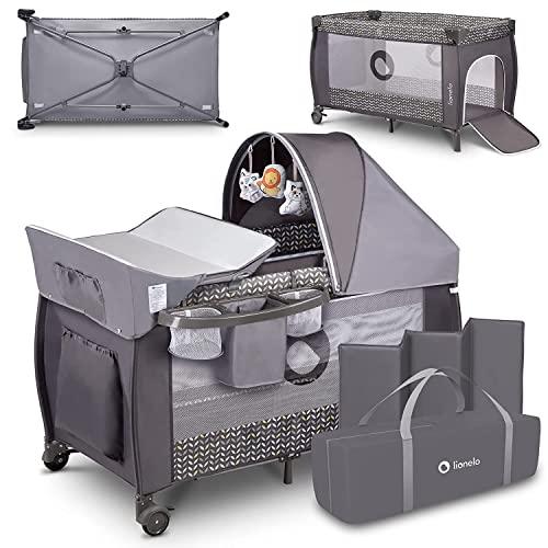 LIONELO Sven Plus 2in1 Box bambini dalla nascita fino a 15kg Lettino pieghevole con Fasciatoio baldacchino, Giocattoli Pendenti, Ingresso laterale aggiuntivo, Sistema LockGuard, Zanzariera e Rotelle