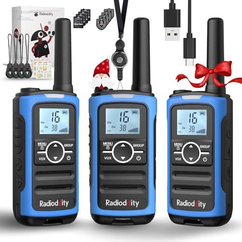Radioddity PR-T8 Walkie Talkie per bambini, radio PMR446 ricaricabile a lungo raggio con chiamata di gruppo, batteria da 2000 mAh, ricarica USB-C, per escursionismo e campeggio, confezione da 3 pezzi