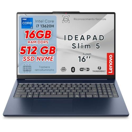 Lenovo Ideapad Slim5 Pc Portatile, Notebook i7 13620H, 16GB RAM DDR5, SSD 512GB, Display 16