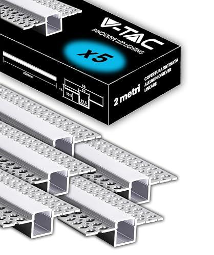 V-TAC 5x Profili per Strisce Led a Scomparsa da 2 METRI con Diffusore - (10 Metri Totali) - Profilo a Incasso da Parete e Soffitto per Striscia LED in Alluminio - Colore Argento - Misure 55 x 15 mm