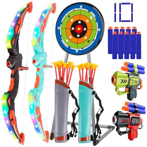 QiquBox 2 Pack Arco e Frecce per Bambini Set di Tiro con L'Arco con Luci LED 16 Frecce Giocattolo per Interni ed Esterni Regalo per Ragazzi e Ragazze di 4-12 Anni