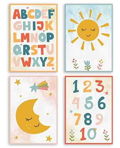 Stampe per Cameretta Bambini 4 Poster di Simpatici Cuccioli, Dinosauri, Sole, Luna