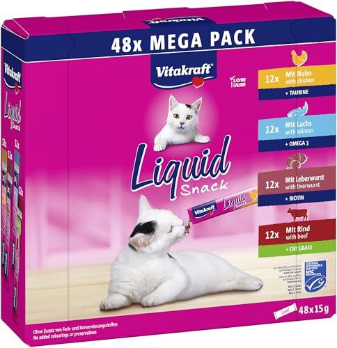 Vitakraft Liquid snack per gatti, snack gatto in formato mega pack, consistenza cremosa, con manzo, con pollo, con salmone, 1 confezione scorta (48x 15g)