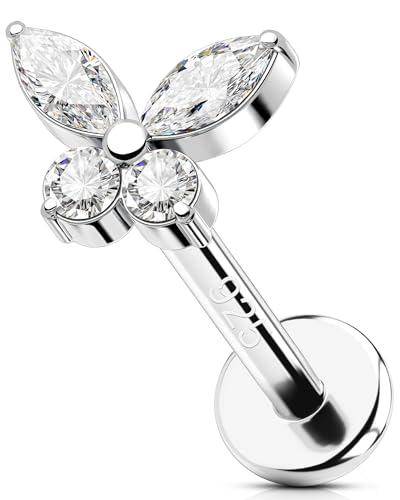 OUFER 16G Farfalla Piercing Trago Filettato Interno Piercing Helix Argento 925 Lip Stud Trasparente CZ Conch Lobe 6/8 mm Gioielli Per Il Corpo per Donne