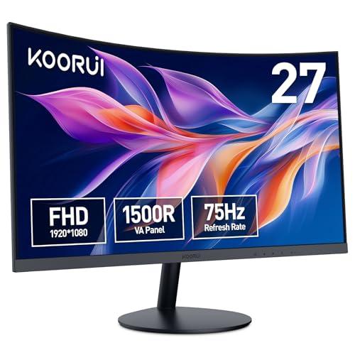 KOORUI Monitor 27 Pollici Curvo (1500R), Full HD (1920x1080), VA, 75 Hz, 5 ms, HDMI, VGA, Gaming Monitor, Eye Saver Mode, Flicker Safe, Nero, 27N5CA