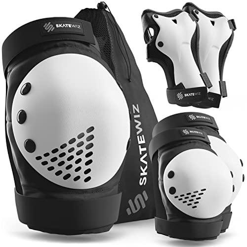 SKATEWIZ Ginocchiere Bambini - Protezioni Pattini Bambina - Protezioni Skateboard Bambino Ginocchiere Bici Bambino - Ginocchiere Bambina - SMASH Taglia M/L Nero Bianco