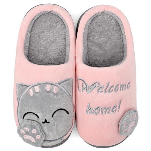 ChayChax Carino Cartone Animato Pantofole da Casa Bambini Uomo Donna Inverno Peluche Ciabatte Interne Comode Caldo Scarpe di Cotone Invernale, Rosa Grigio, 35/36 EU=Produttore 36/37