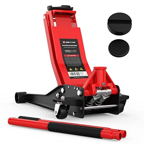 Cric idraulico 3T ribassato 75-505mm con 2 tamponi in gomma – Sollevatore auto professionale con ruote girevoli a 360° – Rosso