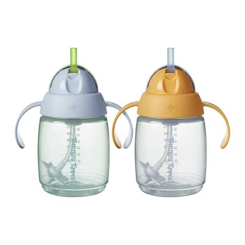Tommee Tippee Tazza Trainer con Cannuccia, 240 ml, Agevola il Passaggio alla Tazza per i Bambini dai 6 Mesi in Su, con Cannuccia in Silicone e Manici Ergonomici, Blu e Arancione, Confezione da 2