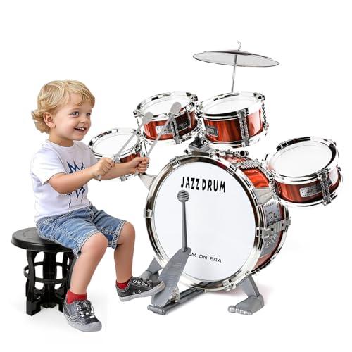 BABYJOLLY Batteria per Bambini, Set Batteria Jazz Strumento Musicale 5 Tamburi con Sgabello, Toddler Drum Set Musicale Percussione Giocattolo Regalo per Bambini 3 4 5 Ragazzi e Ragazze