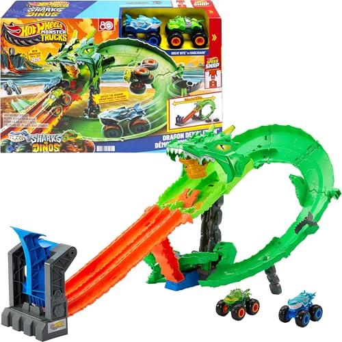 Hot Wheels Monster Trucks pista giocattolo squali vs. dinosauro, distruzione del drago, per bambini dai 4 anni in su
