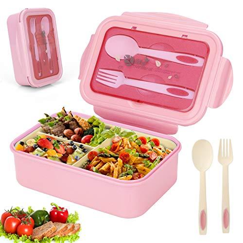 Sinwind Lunch Box, Porta Pranzo, Bento Box con 3 Scomparti e Posate(Forchetta e Cucchiaio), Per Microonde e Lavastoviglie/Approvato dalla FDA/No BPA. (Rosa)