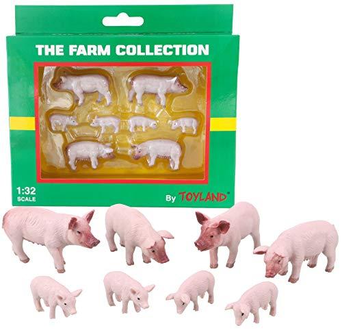 Toyland® Confezione da 8 maiali Bianchi Grandi e suini in Scala 1:32 Figure di Animali - The Farm Collection - Figure di Animali da Collezione
