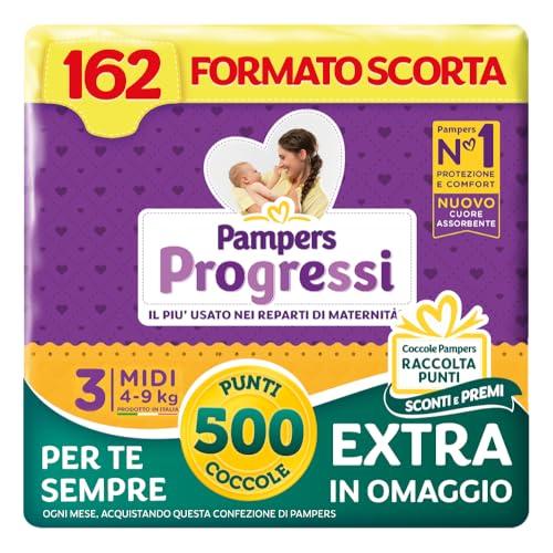 Pampers Progressi Midi +500 Punti Coccole extra in omaggio, Taglia 3 (4-9 kg), 162 Pannolini (formato scorta)