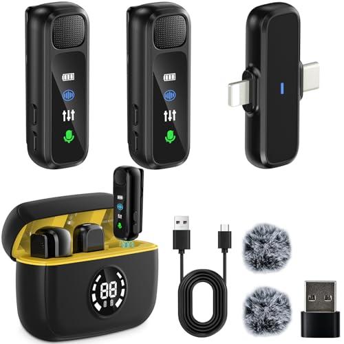LIUWID Microfono Lavalier Wireless,Mini Microfono Vlog con Display Digitale, Custodia di Ricarica,Cancellazione del Rumore,Microfono Wireless Lavalier 3 in 1 per La Registrazione Video (Giallo)