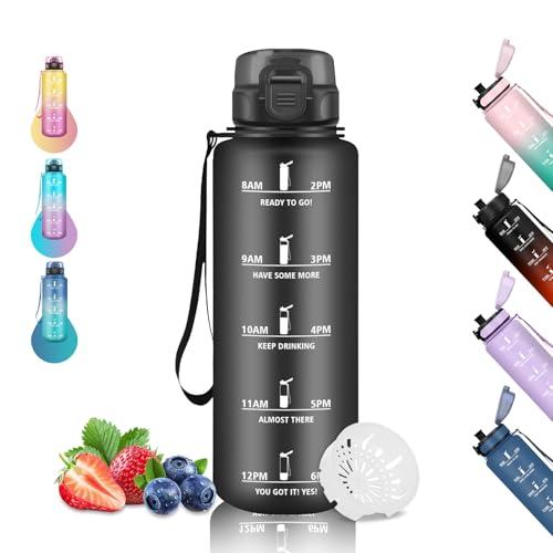 Borraccia 1,5 litri, Borraccia Palestra, Borraccia Motivazionale Senza Perdite, Borraccia Sportiva con Scala Temporale, Facile da Pulire, Borracce per Yoga, Escursionismo, Campeggio, Ciclismo, Nero