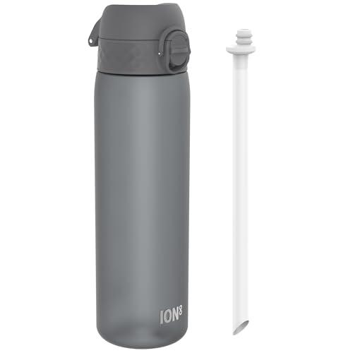Ion8 Borraccia con Cannuccia, 500 ml/18 oz, Anti-perdite, Facile da Aprire, Chiusura Sicura, Lavabile in Lavastoviglie, Coperchio Igienico, Maniglia per il Trasporto, Facile da Pulire, Grigio