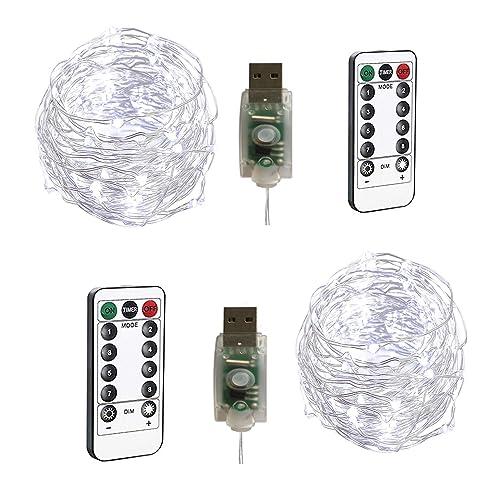 BXROIU 2 X100LEDs Luci a Stringa su 10metri Micro filo d'argento,Spina USB con Telecomando 8 programma (bianco freddo)