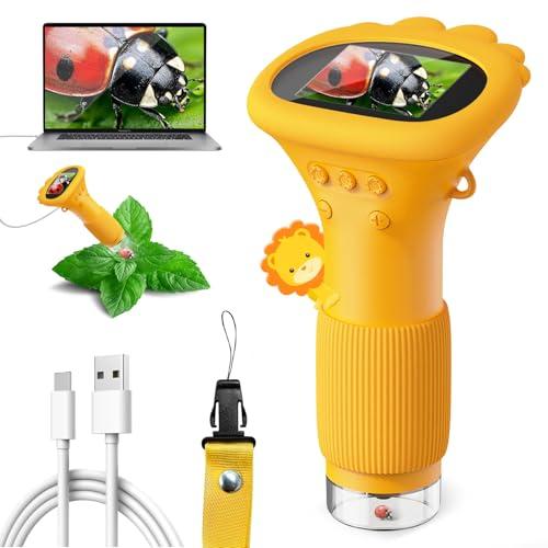 Microscopio per Bambini, Microscopio Digitale Ahalfcit con schermo da 2 pollici, Portatile 1000X con 8 luci LED regolabili, giocattolo educativo per bambini dai 3 ai 12 anni (Arancione)