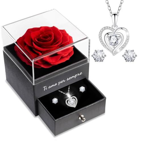 Sunia Regalo San Valentino per Lei, Rosa Stabilizzata Regalo Donna, Rosa Eterna con Collana Orecchini Argento 925 Donna, Regalo Mamma Nonna Fidanzata Compleanno San Valentino Anniversario Natale