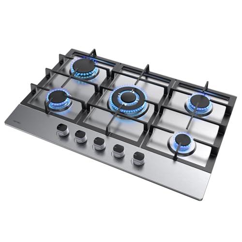 Hermitlux Piano Cottura a Gas 5 Fuochi 76cm, per Gas Naturale/Propano, Sicurezza Tramite termocoppia, Acciaio Inossidabile
