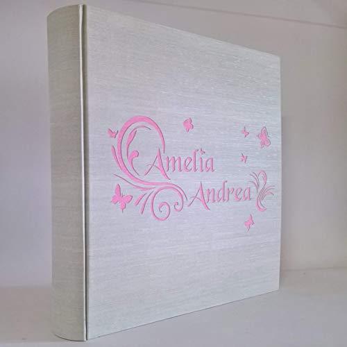 Album fotografico in TELA DI LINO con NOME BAMBINA INCISO E PERSONALIZZABILE A TUA SCELTA regalo originale NASCITA-BATTESIMO-COMPLEANNO-PRIMA COMUNIONE-CRESIMA COLORI PERSONALIZZABILI
