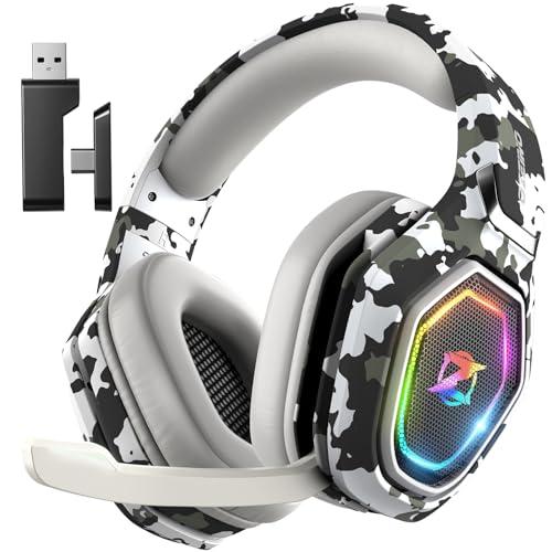 Cuffie Gaming Wireless per PC/Ps5/Ps4, 2,4GHz Wireless+5.3 Bluetooth, Cuffie con Microfono 7.1 Qualità Audio Senza Perdita di Bassa Latenza, Durata di Oltre 30+ Ore, mimetico