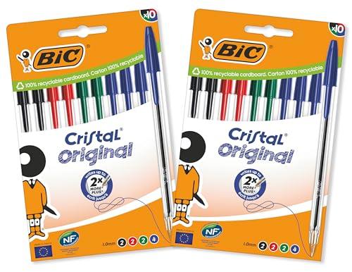 BIC Cristal Original, Penne a Sfera, Inchiostri Blu, Nero, Verde e Rosso, Punta Media (1.0 mm), Confezione 20 Penne Economiche, Cancelleria Scuola e Ufficio