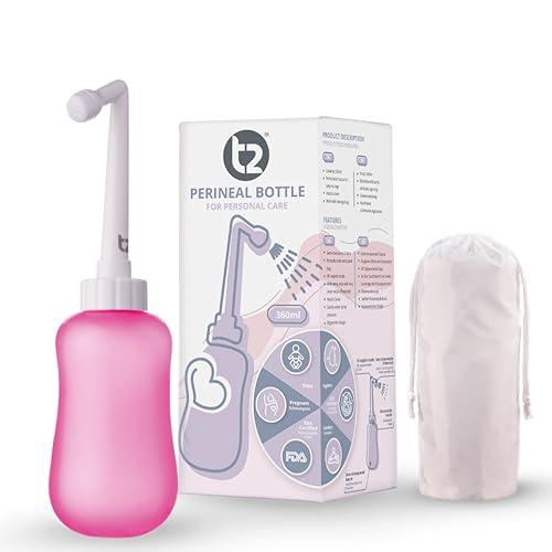 T2 Peri Bottle - Bidet Portatile da Post Parto, Sollievo dal Dolore Perineale - Da 360 ml con Ugello a 60°, Custodia Lavabile - Borsa Ospedaliera Essenziale per la Maternità, Regali per la Neo-Mamma