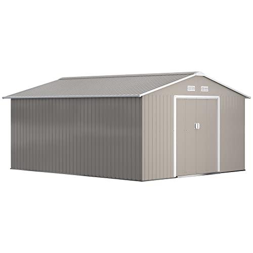 Outsunny Casetta da Giardino 12.4m² con Fondazione, 4 Prese d'Aria e 2 Porte Scorrevoli, Capanno Porta Attrezzi in Lamiera d'Acciaio, 340x386x200 cm, Grigio Chiaro