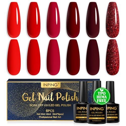INPING Smalto Semipermante Unghie HEMA-FREE TPO-FREE, 6 Colori Rosso Bordeaux Rosso Glitter Series Semipermanente Unghie Gel per Halloween/Natale Nail Art, 8ML