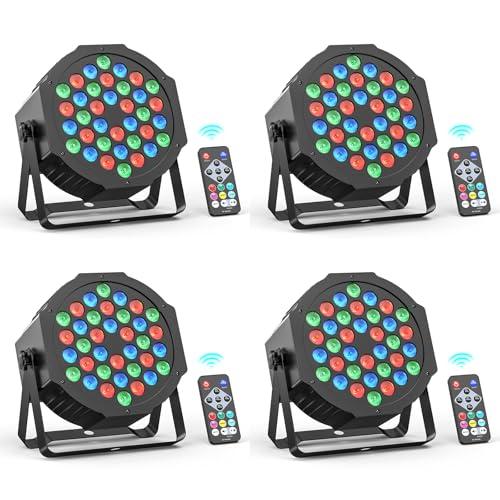 Rtktoup 4PCS 36 Luci Par LED, Luci da Palcoscenico RGB, Luci da Discoteca-dmx con Telecomando, Faretti ad Effetto con Controllo Attivato dal Suono, per Bar Matrimoni Feste Compleanno Halloween Natale