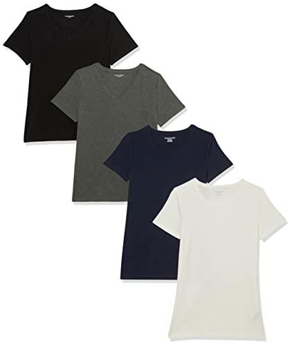 Amazon Essentials T-shirt girocollo a maniche corte da donna, vestibilità regolare, confezione da 4, nero/antracite mélange/blu navy/bianco, taglia M