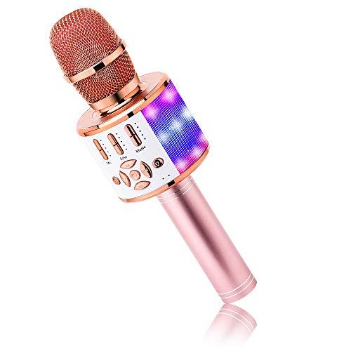 BONAOK Microfono Karaoke Bluetooth, Microfoni Karaoke Wireless 4 in 1, Microfono Karaoke LED per Adulti Dispositivo Karaoke KTV da Casa, Compatibile con Dispositivi Bluetooth iOS Android (Oro Rosa)