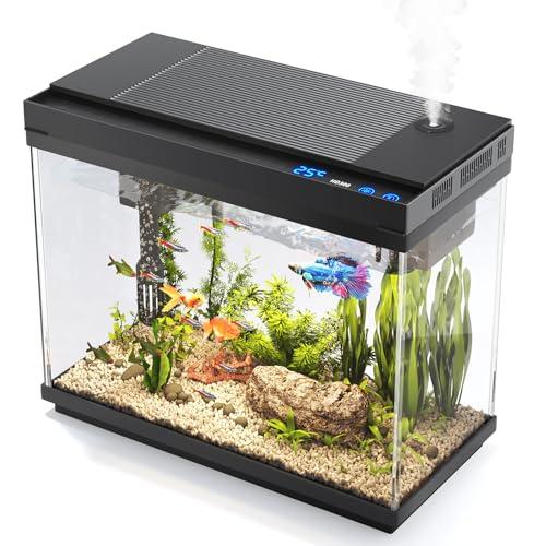 Vehipa Acquario Completo, Acquario per Pesci Rossi da 9L con Umidificatore Intelligente, Display della Temperatura, Vetro Ultra Chiaro, Pompa Silenziosa 3 in 1, Illuminazione a 7 Colori