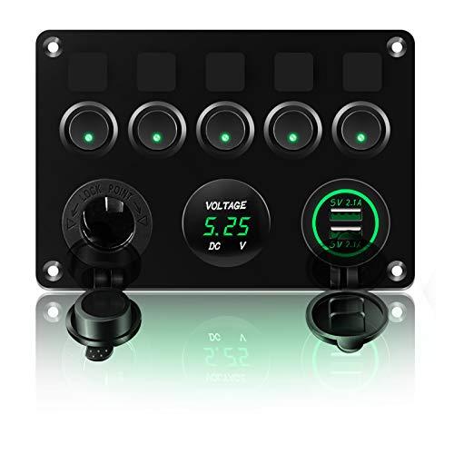 KAOLALI Pannello Interruttori Barca con 5 interruttori, IP65 Impermeabile Dual USB Caricatore Presa Accendisigari 12V/24V LED Interruttore a bilanciere per Barca RV Auto Camion Rimorchio Yacht (Verde)