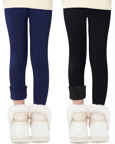 Domee Leggings Felpati Termici Pantaloni Invernali Cotone Bambina Pacco da 2 Nero+Blu Navy 5-6 Anni (Taglia Produttore 120)