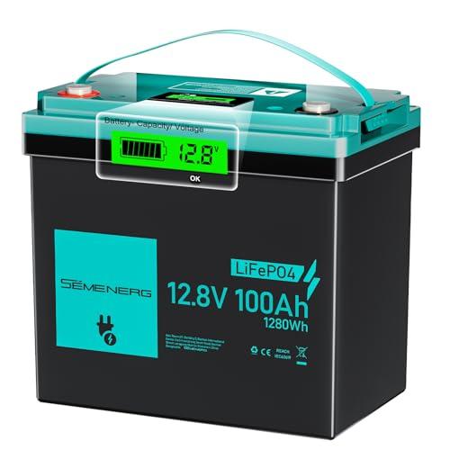 SEMENERG Batteria al Litio da LiFePO4 Mini 12V 100Ah con LED, 100A Intelligente BMS & Max.15000 Cicli, Batteria 12 Volt Deep Cycle 1280 Wh Ricaricabile per Camper, Sistemi a Energia Solare, Campeggio