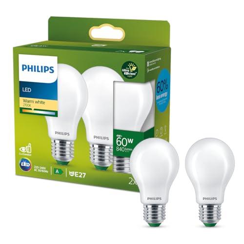 Philips LED Lampadina a Goccia Smerigliata Classe A Ultra Efficent, 2 Pezzi, 60W, E27, Luce Bianca Calda