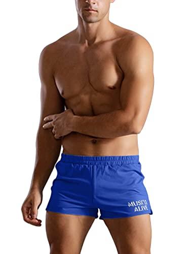 Muscle Alive Uomo Fitness Workout Palestra Bodybuilding Allenarsi Pantaloncini Corsa Corti Cotone Shorts S1001 Blu, 3inch Thin No Pockets M