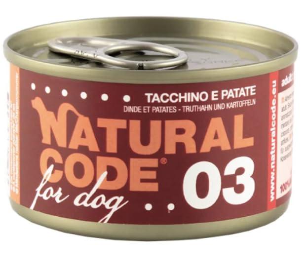 Natural Code Cibo Umido Per Cane Cani Dog al gusto Tacchino E Patate 12 LATTINE DA 90g CADAUNO