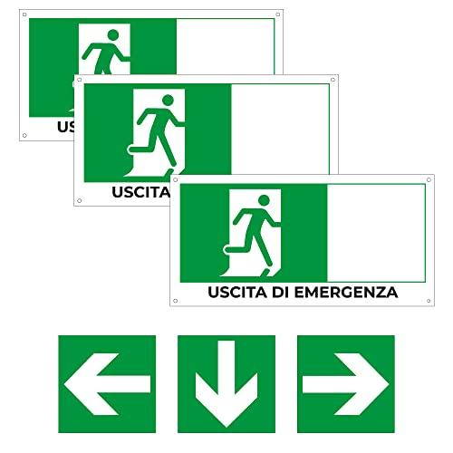 SPACE - 3 Cartelli uscita di emergenza 30 x 15cm in PVC con Frecce Direzionabili per negozio e azienda uscita di sicurezza