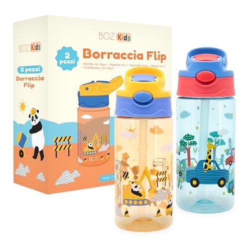 BOZ Bottiglie d'Acqua Flip per Bambini Confezione da 2 - Design Cars & Construction per Ragazzi, 14 oz, Cannuccia Pop-Up a Pulsante, Lavabili in Lavastoviglie, Anti-Perdite