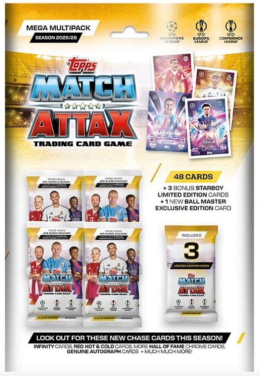 Topps Match Attax UEFA Champions League Mega Multipack 2025/2026 - 52 carte con 3 Starboy Limited Editions & 1 Ball Master Card – con protezione della spedizione Heartglobal