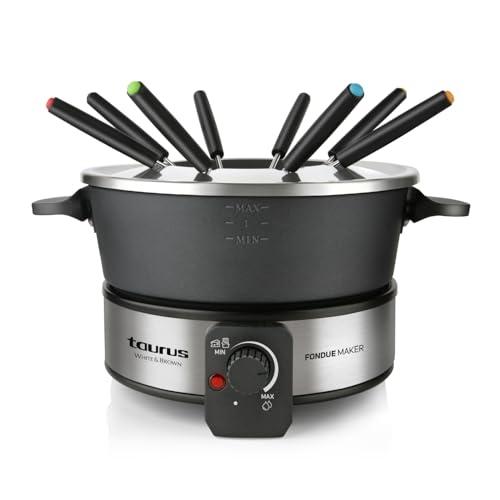 Taurus - Fonduta Elettrica 1000W | Capacità 2L | Termostato 200°C | 8 Spiedini | Acciaio Inox | Cioccolato, Formaggio, Brodo e Olio | Pentola Antiaderente senza PFOA | Hotpot da Tavola | Nero