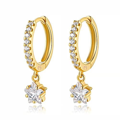 Orecchini cerchio da donna in argento 925 con zirconi e stella. Set Orecchini da donna cerchio con finitura in argento sterling o oro 18 carati ideali per regalo... Gioielli donna (Placcato oro)