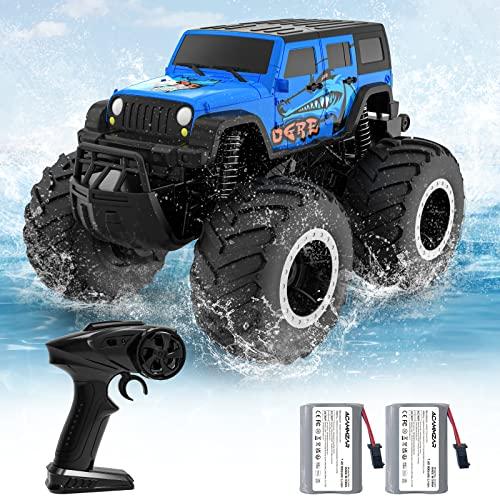 ACAMMZAR Anfibio Macchina Telecomandata per Bambini, 2.4GHz 4WD Impermeabile Doppio lato Monster Truck per ragazzi Off-Road Auto RC con 2 batterie 4 5 6 7 8 Ragazzi Ragazze Regali, Blue