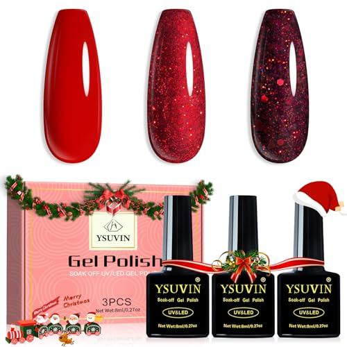 YSUVIN Semi Permanente Smalto per Unghie, 3 Colori Intervallo Rosso Glitter Smalto Gel Soak Off UV/LED Set per Unghie Per La Casa Fai Da Te Nail Salon, Regalo di San Valentino di Natale